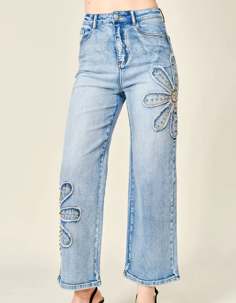 Daisy Studded Patch Wide Leg Jean