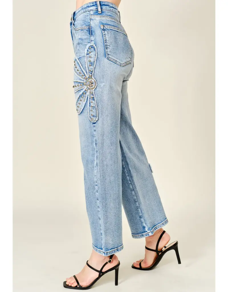 Daisy Studded Patch Wide Leg Jean