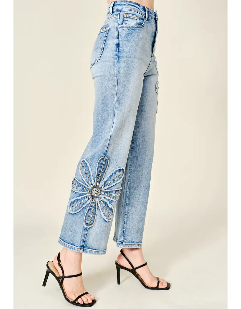 Daisy Studded Patch Wide Leg Jean