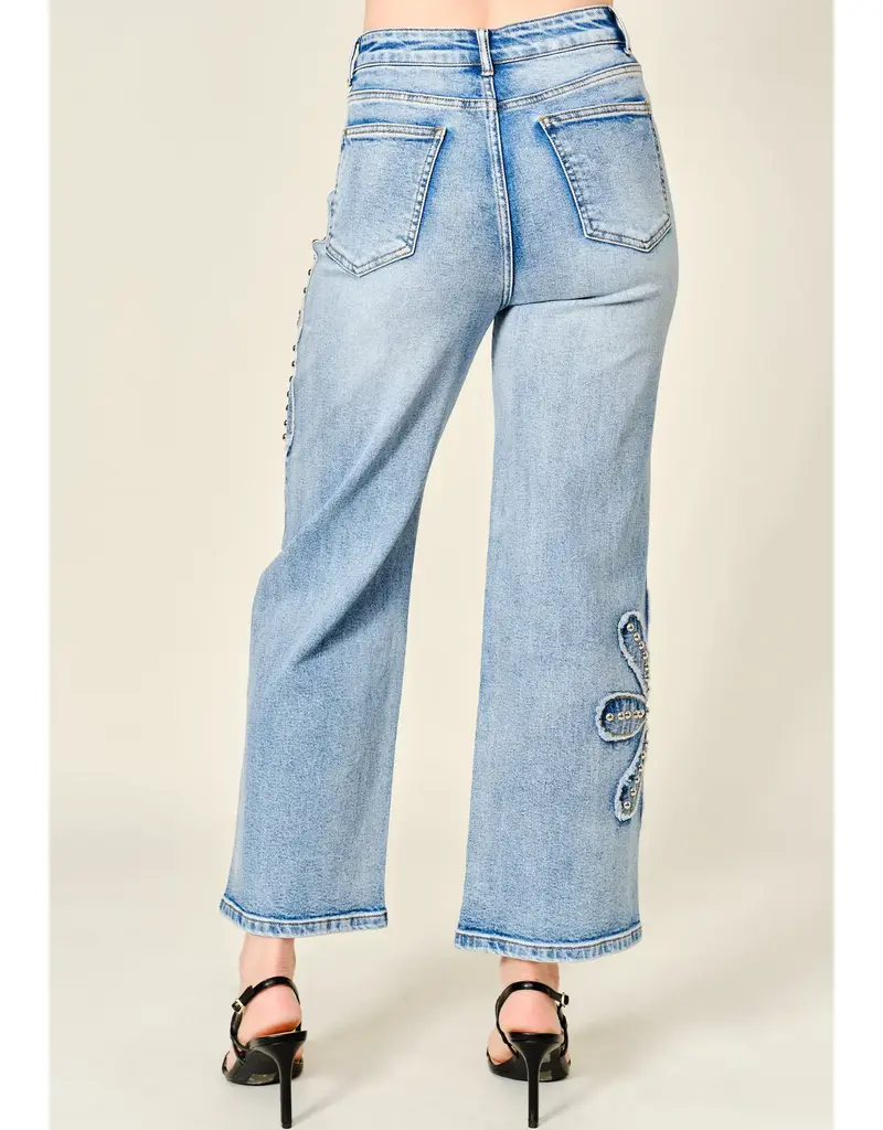 Daisy Studded Patch Wide Leg Jean