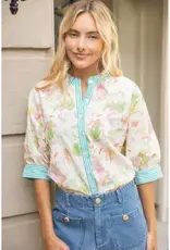 Ellie Floral Embroidered Top with Stripe Trim Detail