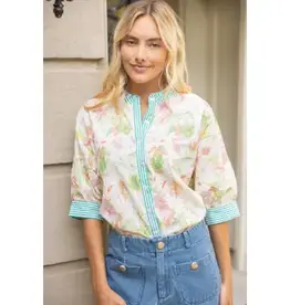 Ellie Floral Embroidered Top with Stripe Trim Detail