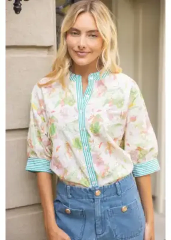 Ellie Floral Embroidered Top with Stripe Trim Detail