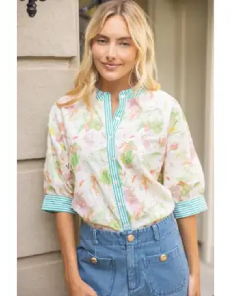 Ellie Floral Embroidered Top with Stripe Trim Detail