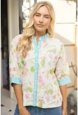 Ellie Floral Embroidered Top with Stripe Trim Detail