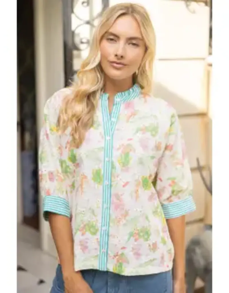 Ellie Floral Embroidered Top with Stripe Trim Detail