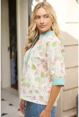 Ellie Floral Embroidered Top with Stripe Trim Detail
