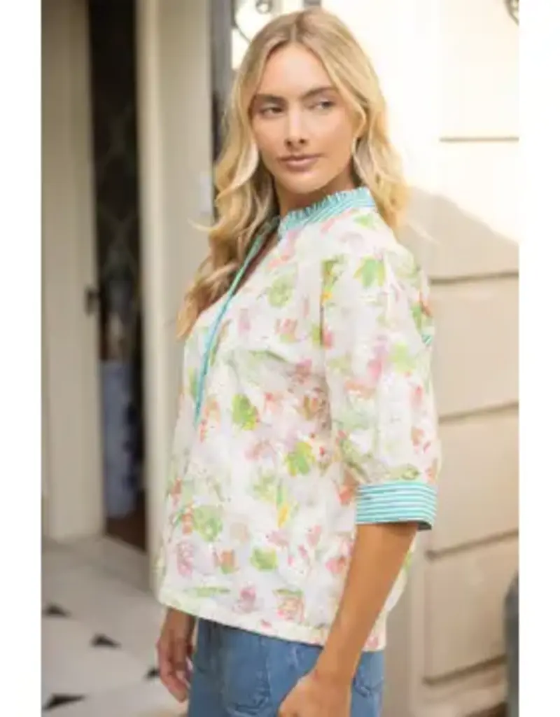 Ellie Floral Embroidered Top with Stripe Trim Detail