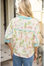 Ellie Floral Embroidered Top with Stripe Trim Detail