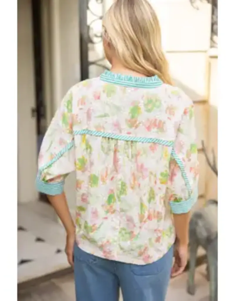 Ellie Floral Embroidered Top with Stripe Trim Detail