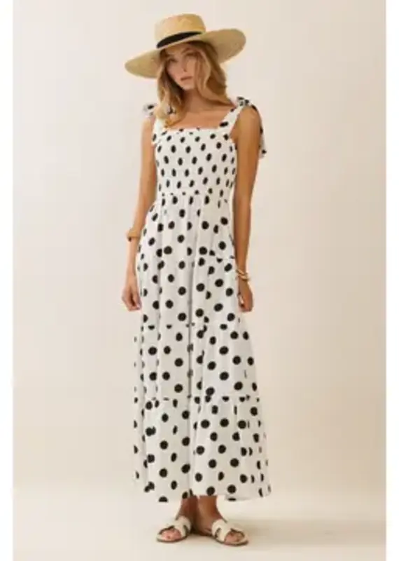 Piper Polka Dot Sleeveless Tired Midi Dress with Smocked Top