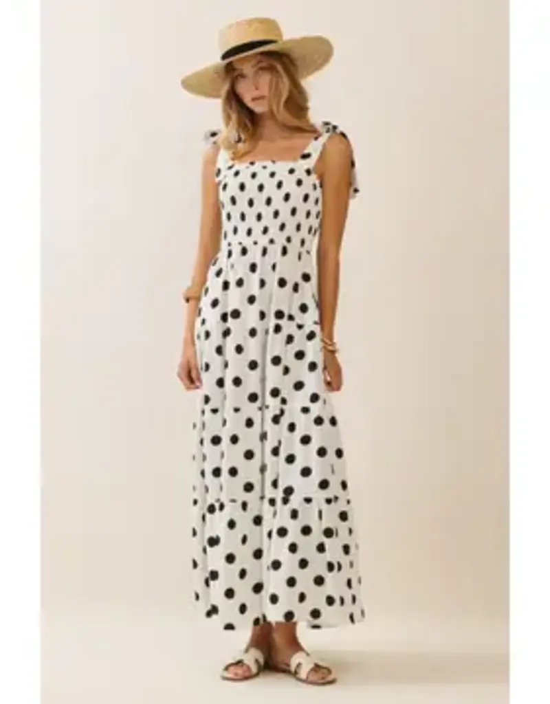 Piper Polka Dot Sleeveless Tired Midi Dress with Smocked Top