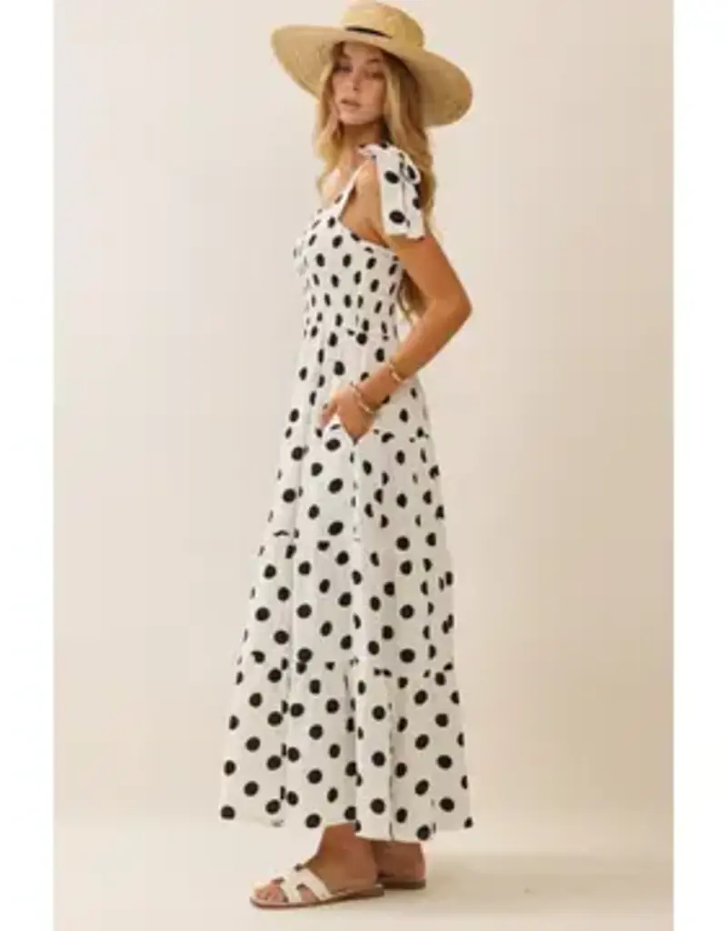 Piper Polka Dot Sleeveless Tired Midi Dress with Smocked Top