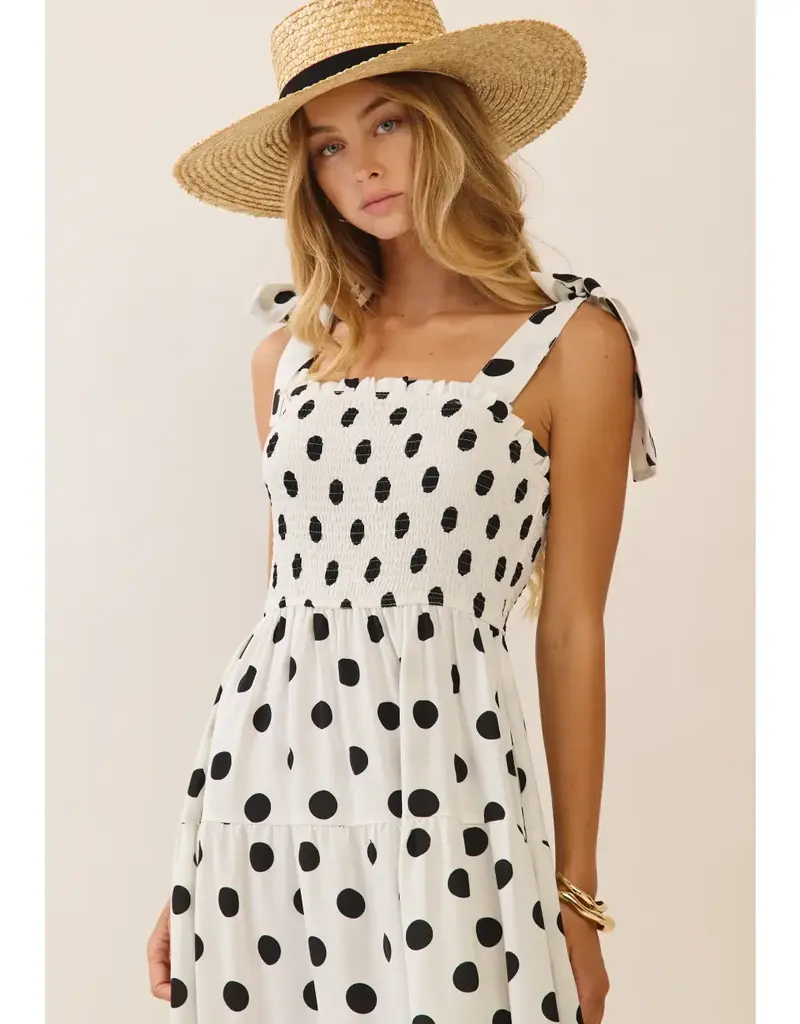 Piper Polka Dot Sleeveless Tired Midi Dress with Smocked Top
