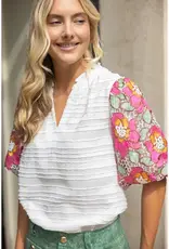Floral Embroidered Short Bubble Sleeve Top