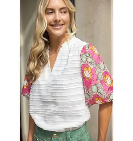 Floral Embroidered Short Bubble Sleeve Top