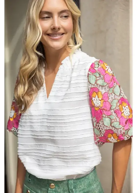 Floral Embroidered Short Bubble Sleeve Top