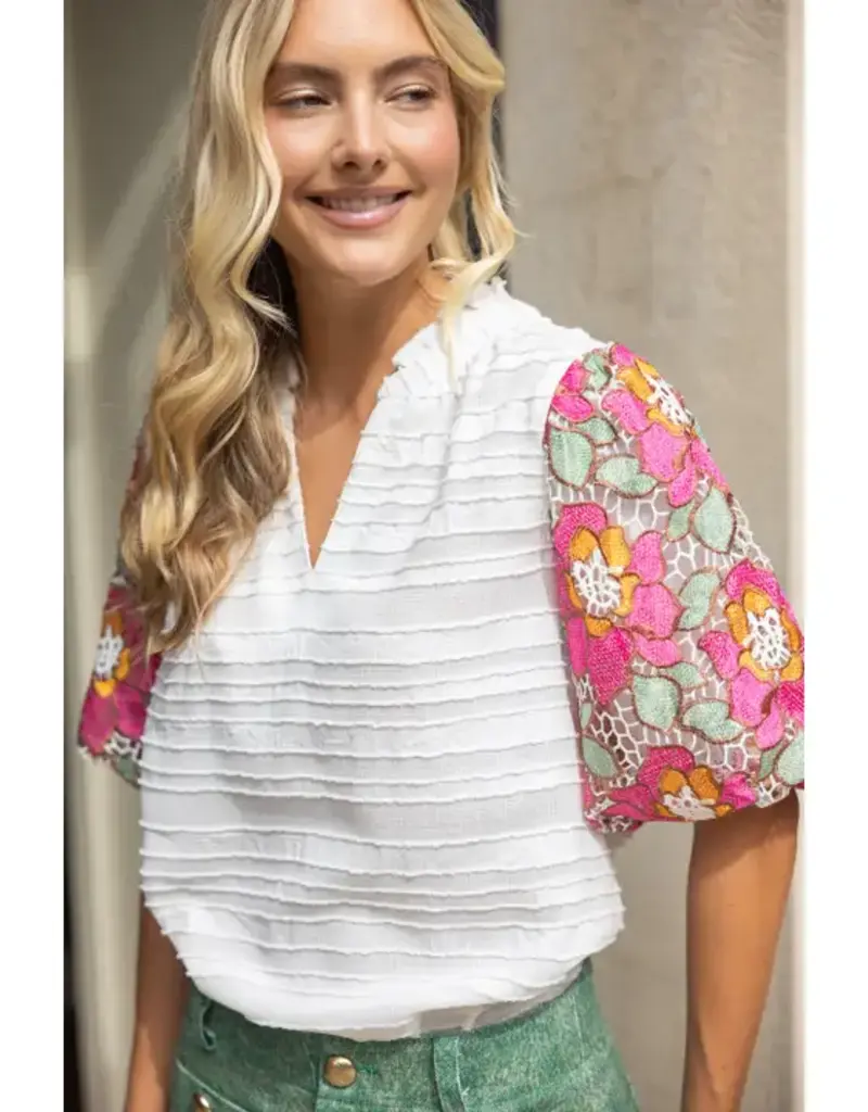 Floral Embroidered Short Bubble Sleeve Top