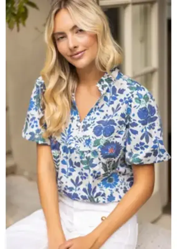 Quinn Quarter Button V-Neck Floral Print Top