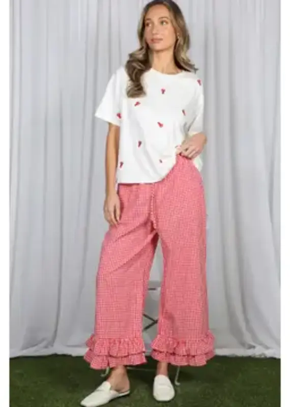 Ginger Gingham Casual Ruffled Hem Crop Pant