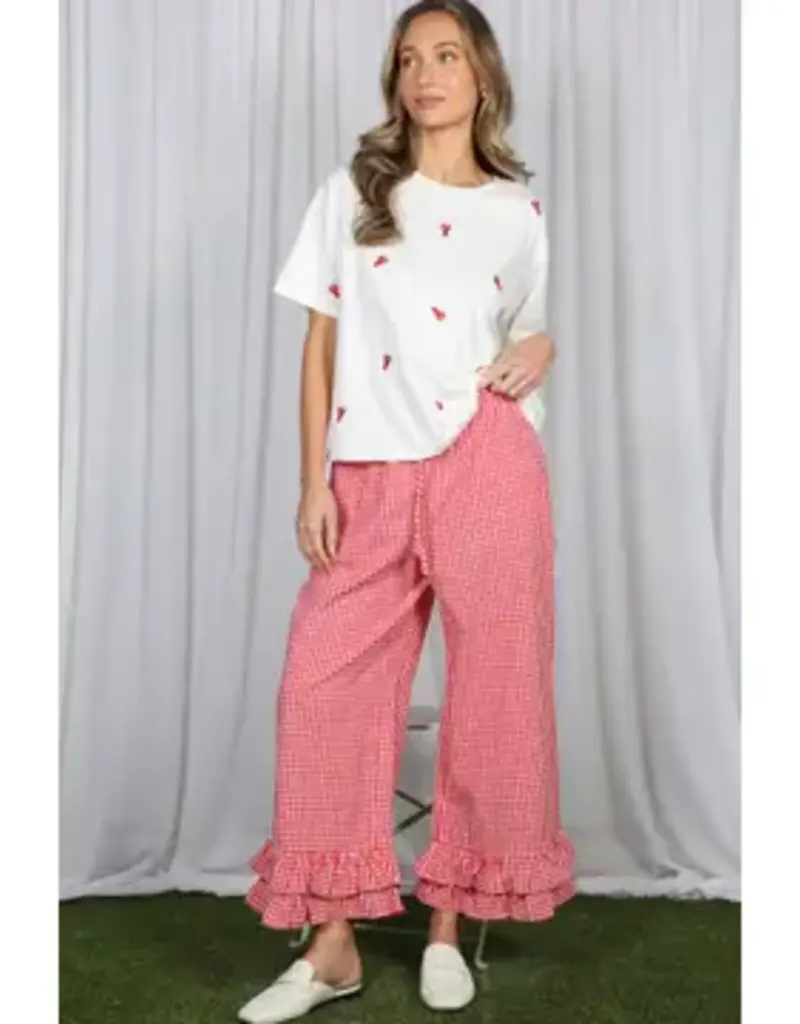 Ginger Gingham Casual Ruffled Hem Crop Pant
