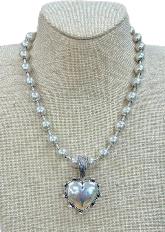 Puff Heart On Silver Ball Chain Necklace - Silver