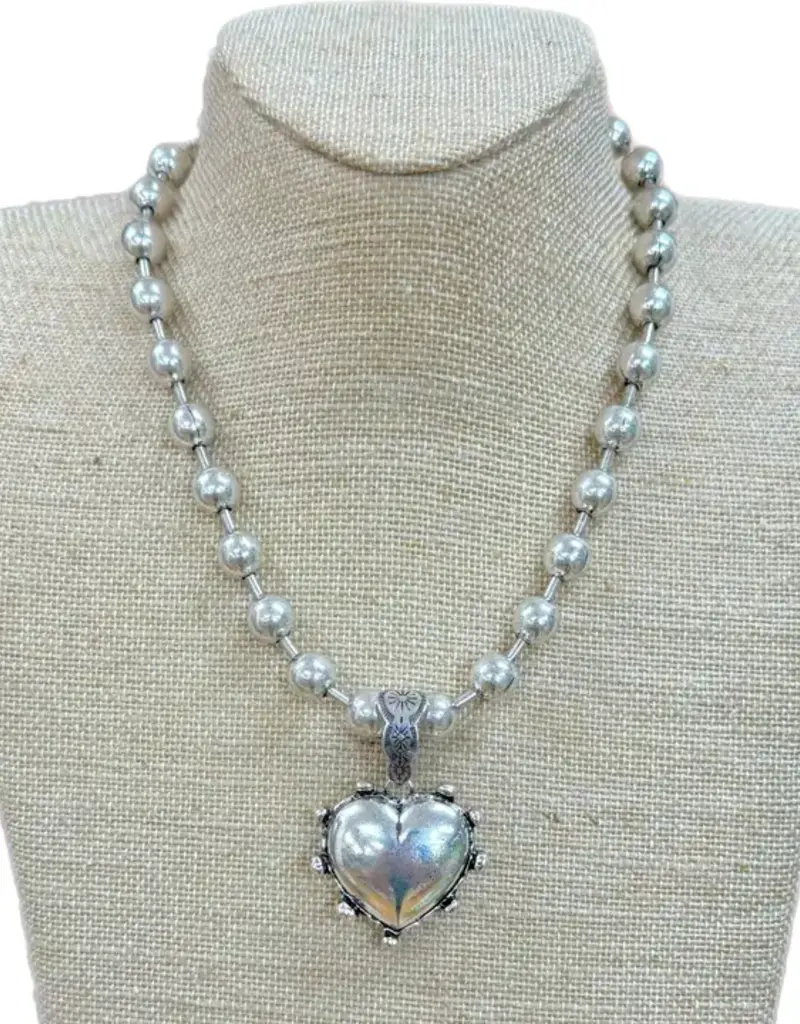 Puff Heart On Silver Ball Chain Necklace - Silver