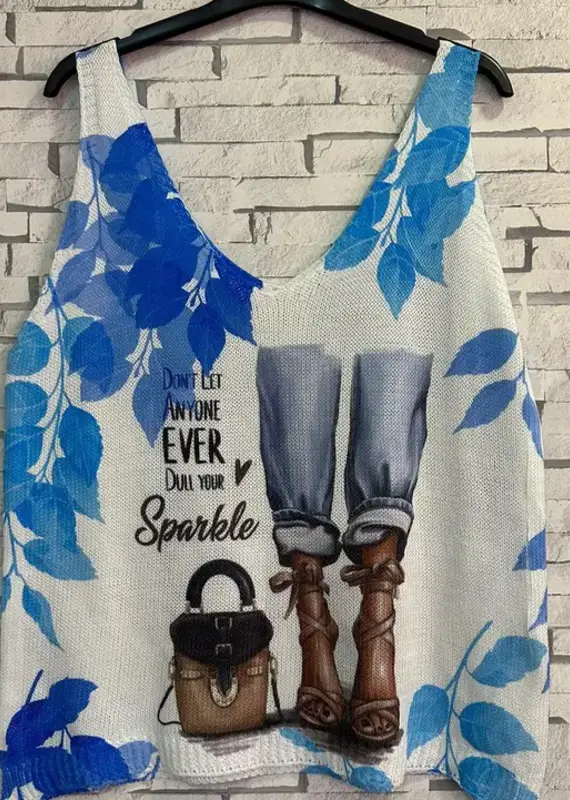 Don't Let Anyone Ever Dull Your Sparkle Printed V-Neck Tank - White