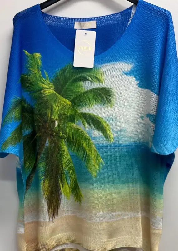 Palm Tree Beach Printed Knit Sweater - ONE SIZE