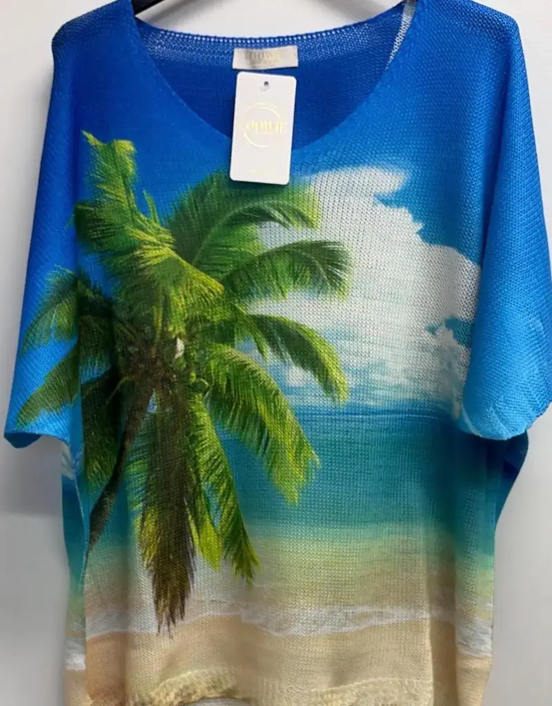 Palm Tree Beach Printed Knit Sweater - ONE SIZE