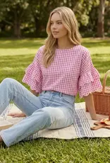 Chariot Charming Gingham Scallop Ruffle Sleeve Top