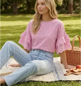 Chariot Charming Gingham Scallop Ruffle Sleeve Top