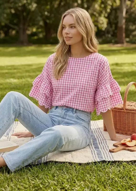 Chariot Charming Gingham Scallop Ruffle Sleeve Top