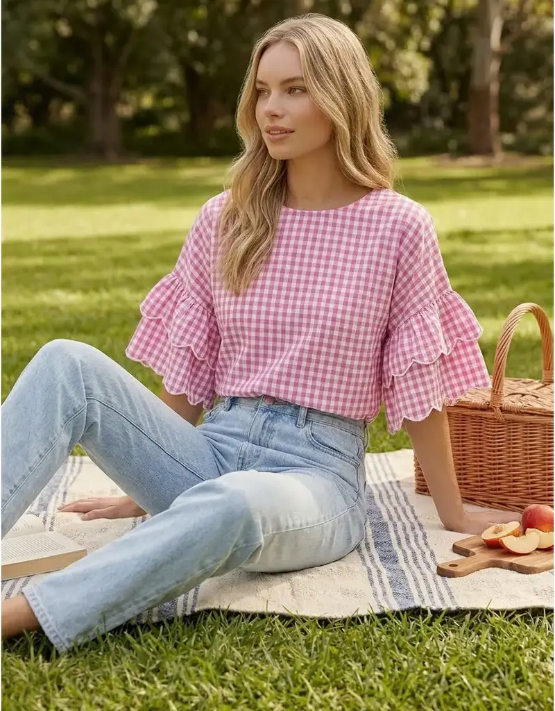 Chariot Charming Gingham Scallop Ruffle Sleeve Top