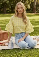 Chariot Charming Gingham Scallop Ruffle Sleeve Top