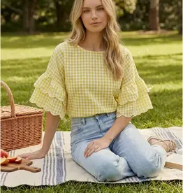 Chariot Charming Gingham Scallop Ruffle Sleeve Top