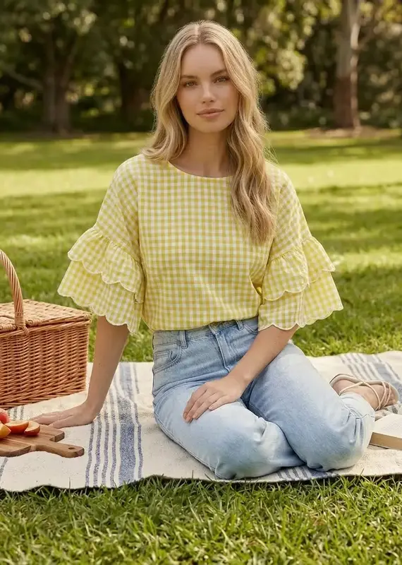 Chariot Charming Gingham Scallop Ruffle Sleeve Top