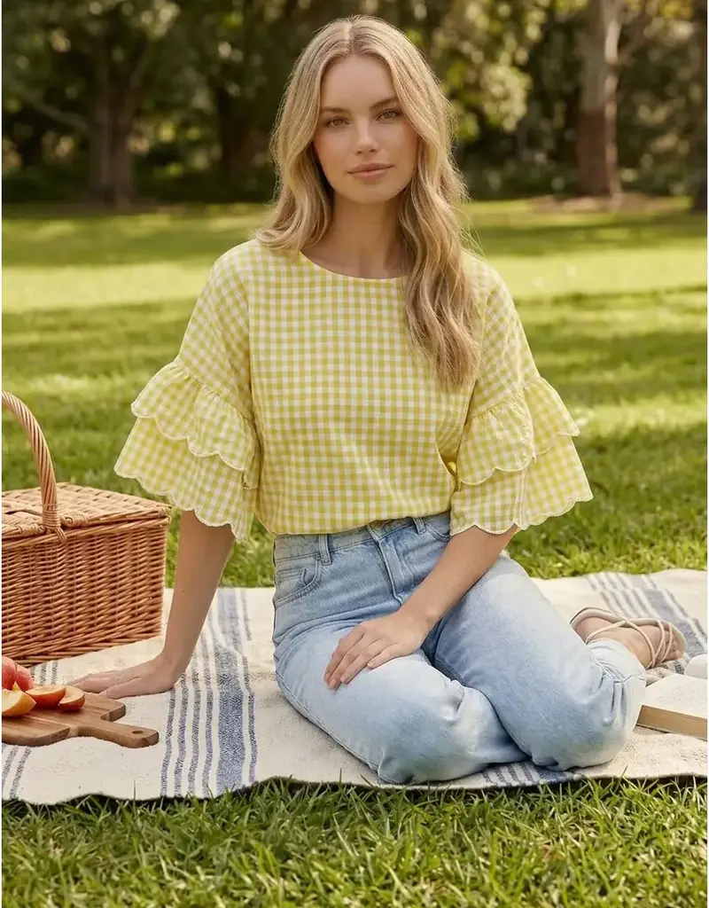 Chariot Charming Gingham Scallop Ruffle Sleeve Top