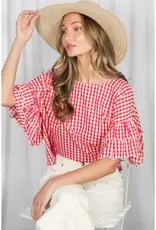 Chariot Charming Gingham Scallop Ruffle Sleeve Top