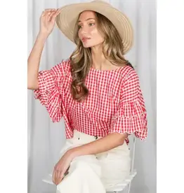 Chariot Charming Gingham Scallop Ruffle Sleeve Top