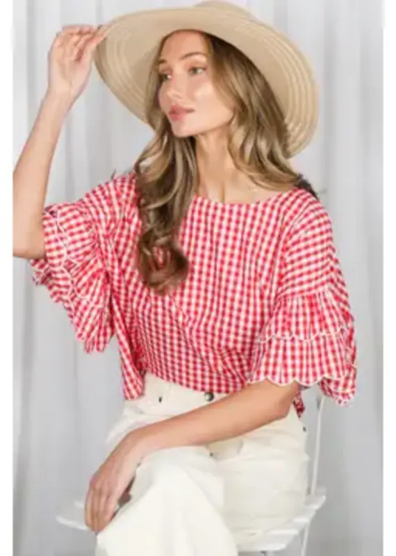 Chariot Charming Gingham Scallop Ruffle Sleeve Top