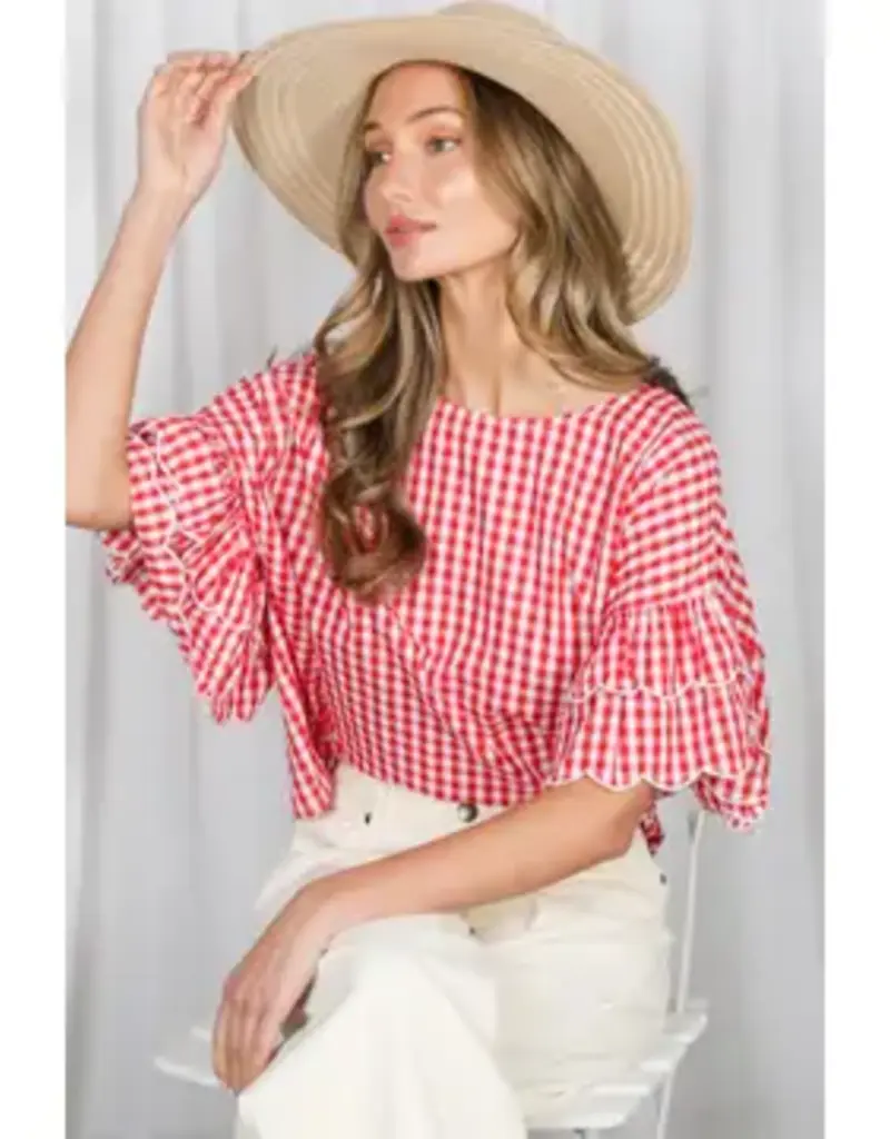 Chariot Charming Gingham Scallop Ruffle Sleeve Top