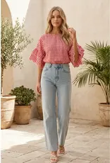 Chariot Charming Gingham Scallop Ruffle Sleeve Top