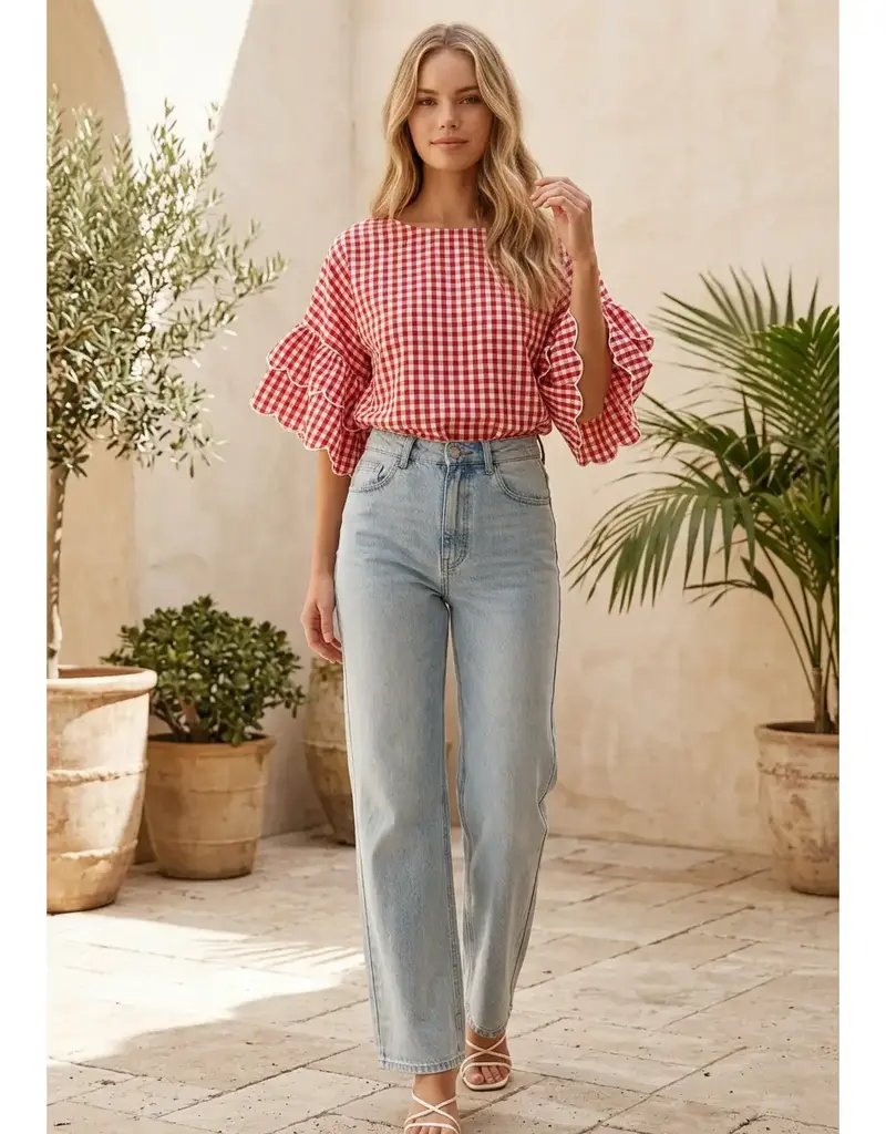 Chariot Charming Gingham Scallop Ruffle Sleeve Top