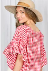 Chariot Charming Gingham Scallop Ruffle Sleeve Top