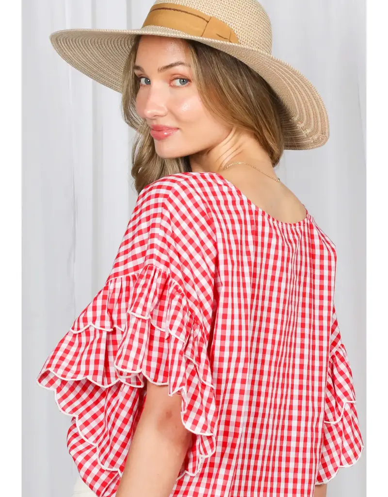 Chariot Charming Gingham Scallop Ruffle Sleeve Top