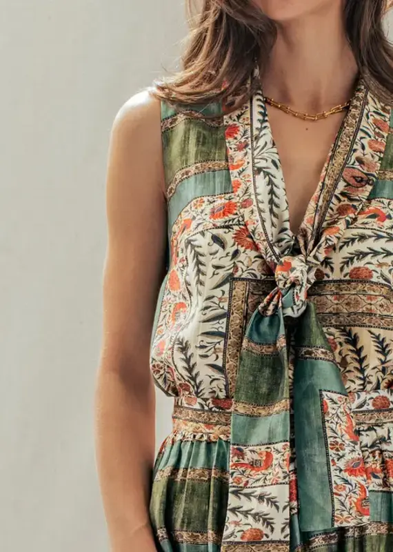 Botanical Bird Print Tie-Front Top