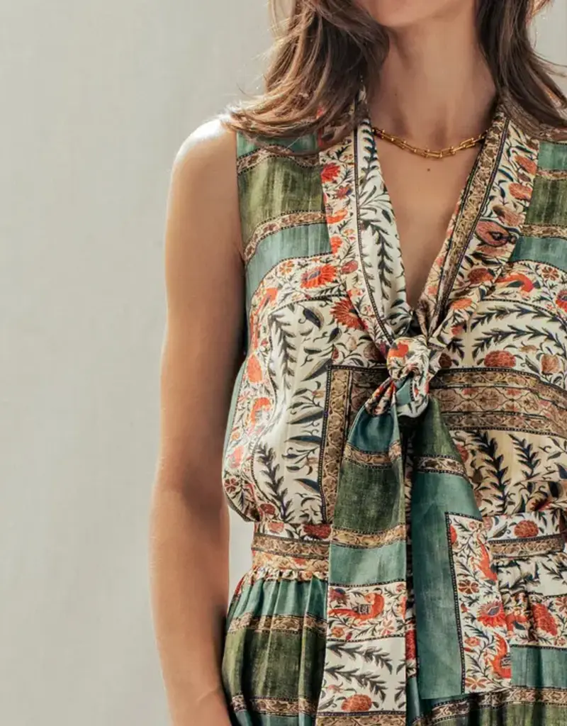 Botanical Bird Print Tie-Front Top