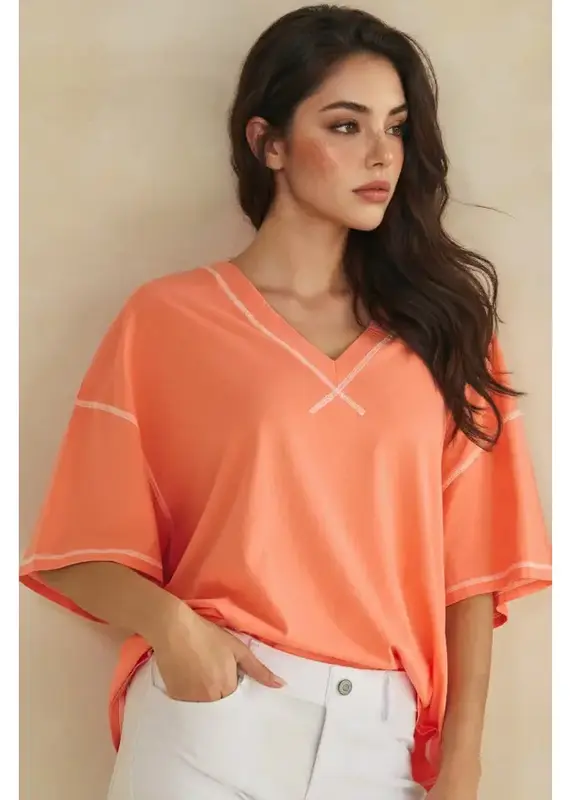 Ivy Soft V-Neck Top with Contrast Stitching