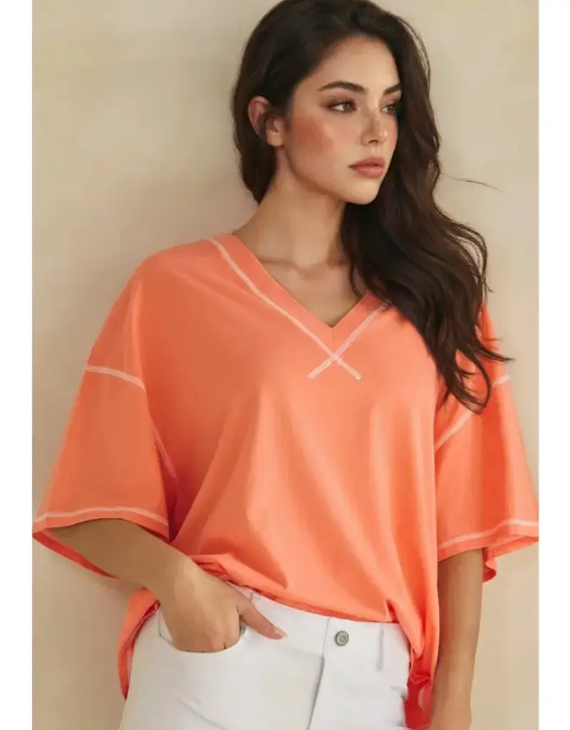 Ivy Soft V-Neck Top with Contrast Stitching